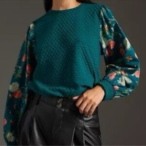 Anthropologie Porridge Green Floral Textured Sweatshirt Blouse